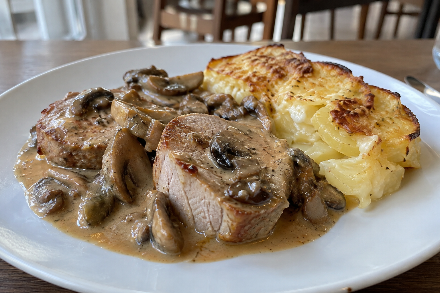 Filet mignon de porc fondant, nappé d'une sauce forestière aux champignons, fait maison, accompagné d'un gratin de pommes de terre