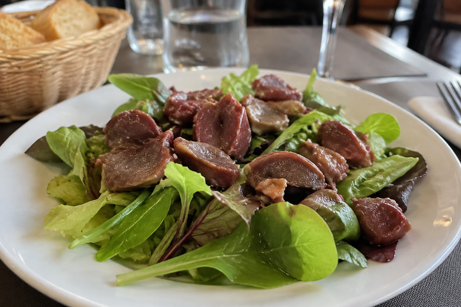 Salade gourmande du chef aux gésiers confits, servie tiède sur un lit de jeunes pousses croquantes